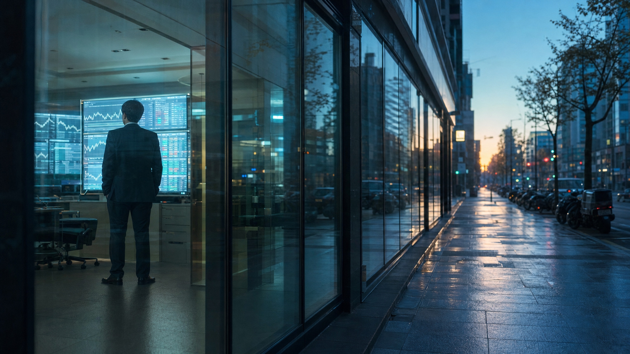 Early morning on a Seoul street, a man in a suit stands with his back to us inside a lit brokerage storefront, watching the quote board while screen light falls across him and the road recedes into thin mist