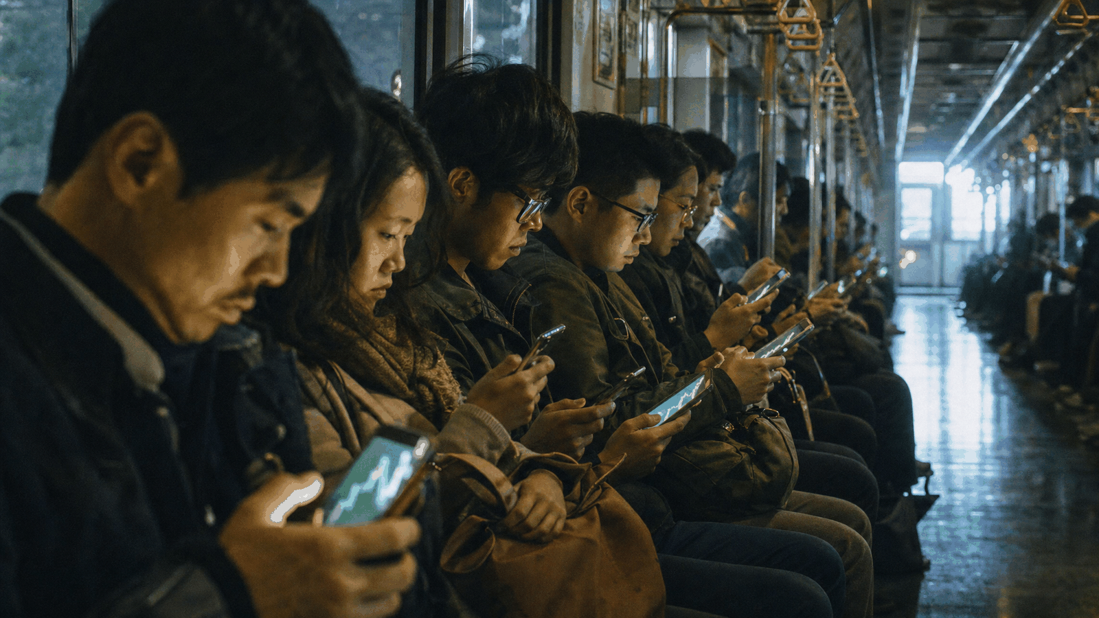 A Taipei metro carriage at dawn, a whole row of commuters bent over phones showing the same rising price line, morning light slanting in from the windows deep into the car