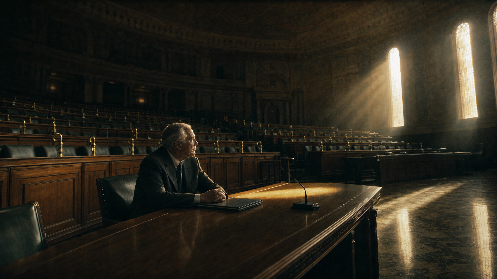 An empty congressional hearing room where a lone older official sits at the witness table, high window light falling across the bare surface in front of him, the tiers of member seats receding into shadow