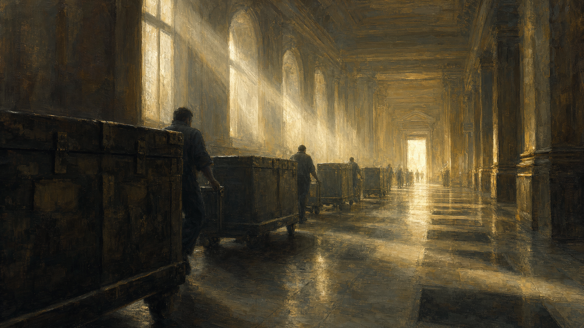A central bank hall at dawn, workers rolling rows of heavy metal crates toward a distant exit, square imprints left on the stone floor