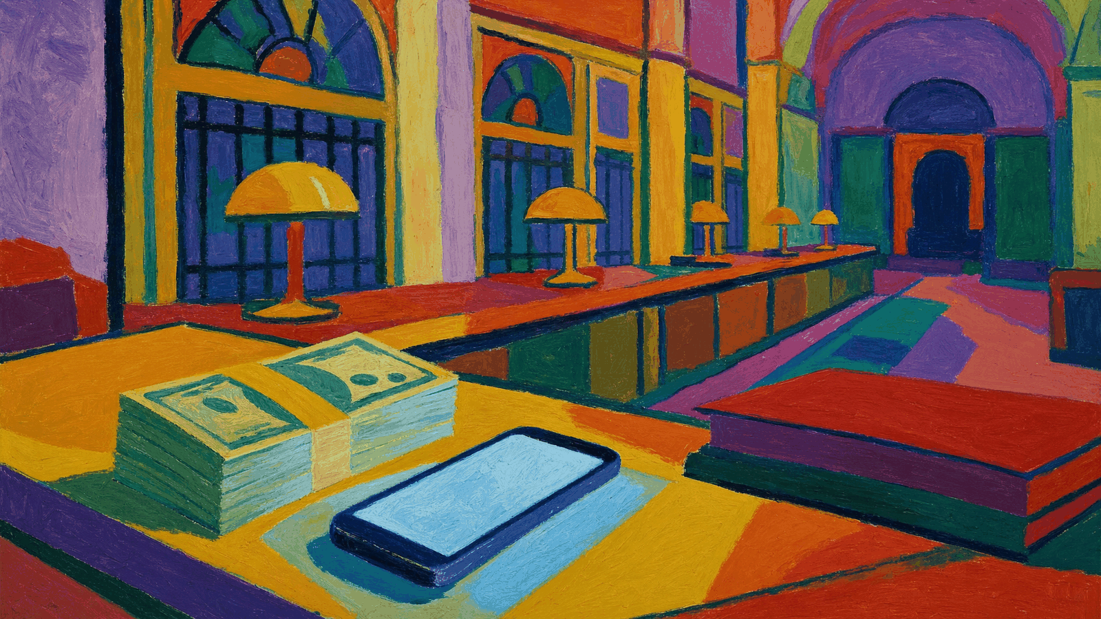 A grand old bank hall late at night, a long row of empty teller windows receding into the distance, a phone glowing with cool light beside a banded stack of dollar bills on a brass counter in the foreground
