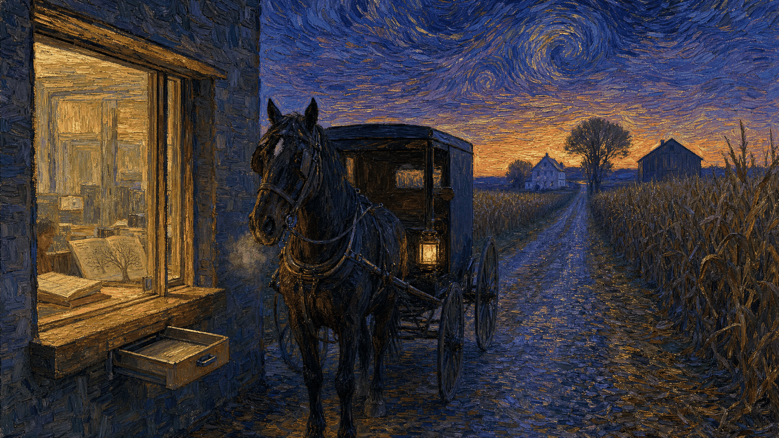 A rural bank drive-through lane at dusk, the teller window lit, a horse-drawn buggy waiting at it, the gravel lane running back into cornfields toward the far end of the frame