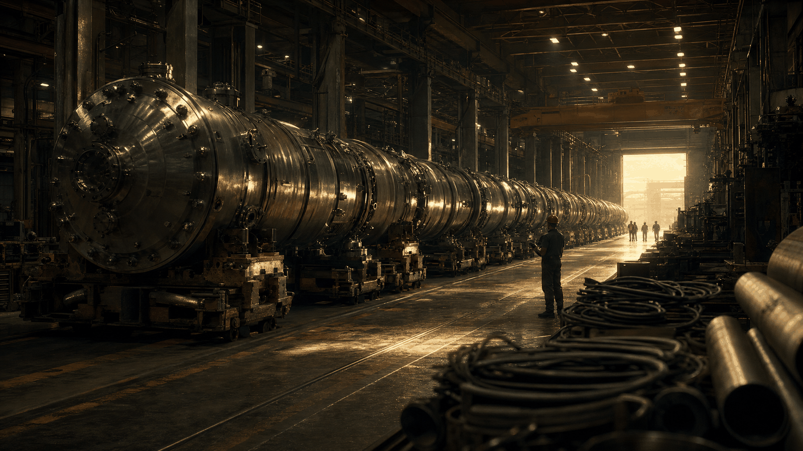 A factory line receding into the distance, identical cylindrical reactor modules in sequence, white daylight coming through the far doorway