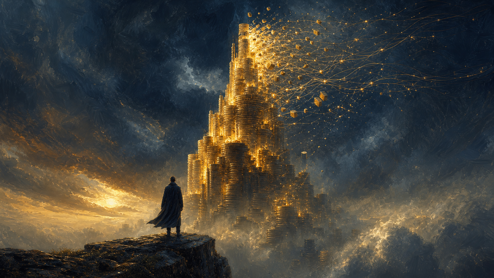 A colossal tower of glowing golden light and stacked coins rising into dark storm clouds, its upper levels coming apart into drifting embers and threads of light pulled loose by fine circuit-like tendrils; in the foreground mist a lone figure in a long dark coat stands on a rocky cliff, calm and watchful, gazing up at the unraveling tower