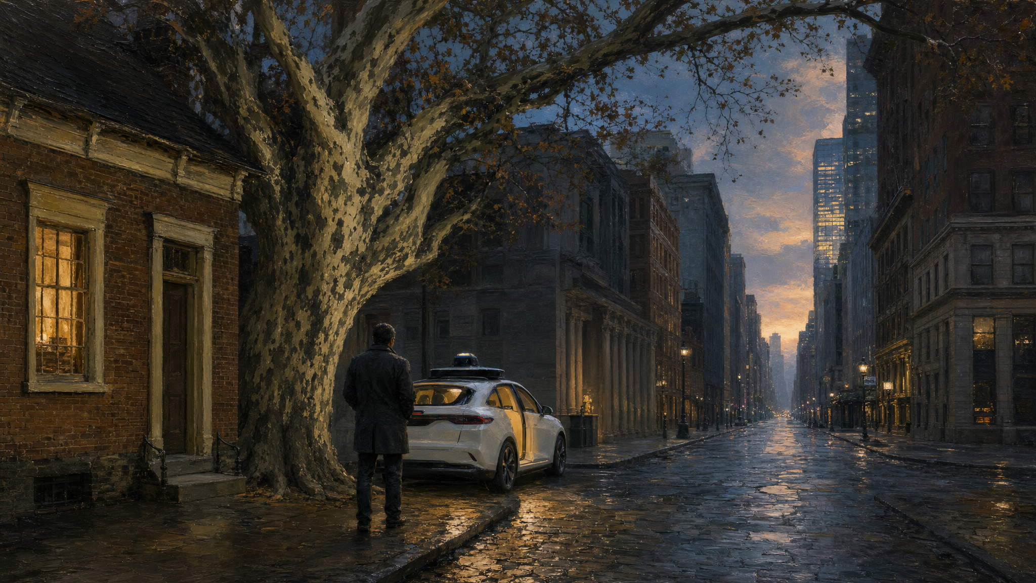 Realist oil-painting cover: a narrow cobblestone street in lower Manhattan at blue-hour dusk, seen at street level with deep perspective receding into the distance. In the foreground an enormous old buttonwood sycamore with mottled pale bark spreads over the kerb beside a small late-18th-century brick counting house, two candle-warm windows glowing behind wavy hand-blown glass; a clean white driverless taxi waits silently at the kerb beneath the tree, its soft interior light spilling across wet cobblestones. Further down the same street the buildings step upward — brick warehouses, carved stone banking halls, and finally a distant glass tower whose upper floors catch the last cold orange band of sunset