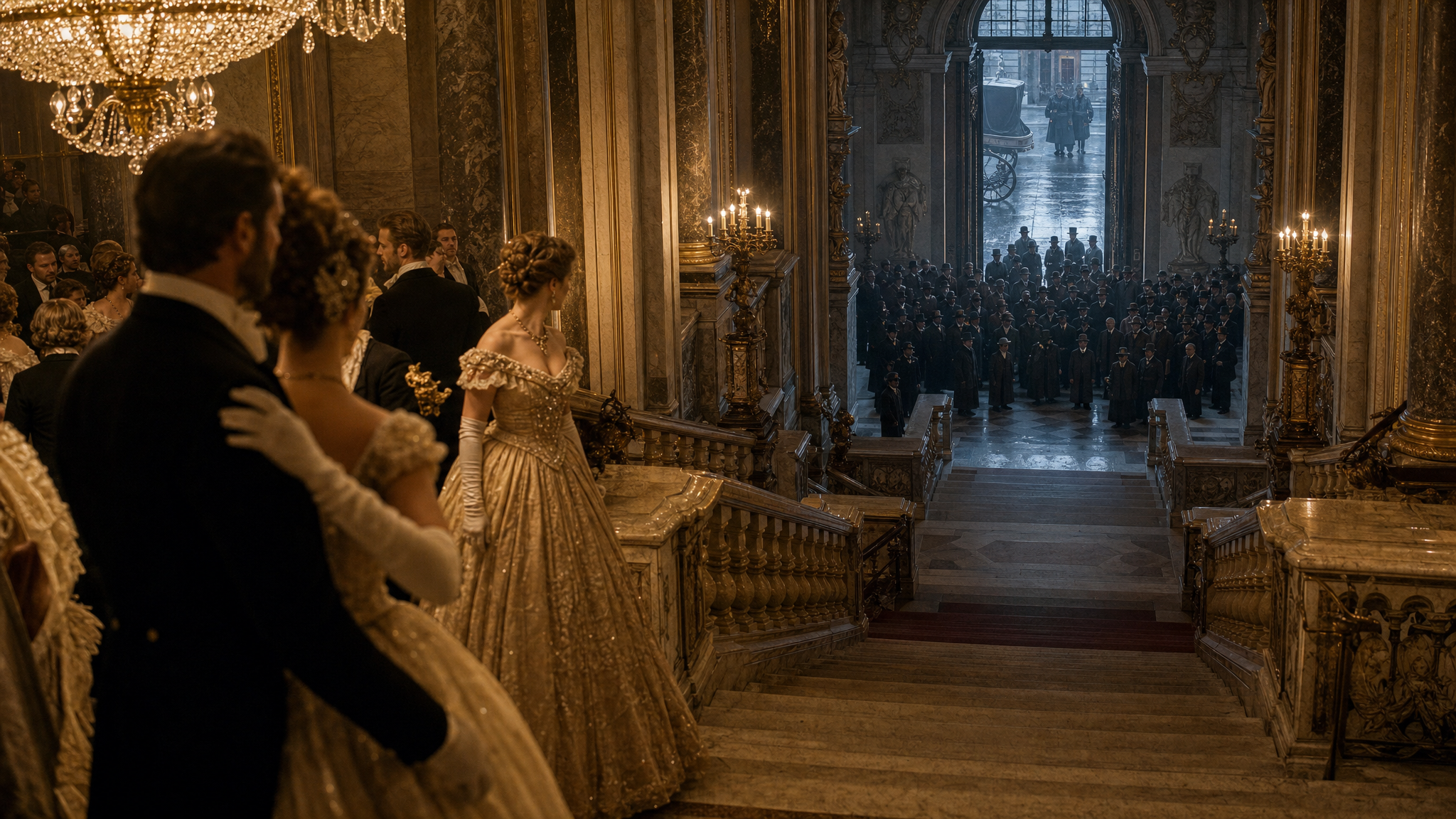 Guests still dancing on the upper landing of a marble palace staircase, the light fading down the steps toward a crowd waiting in the hall below