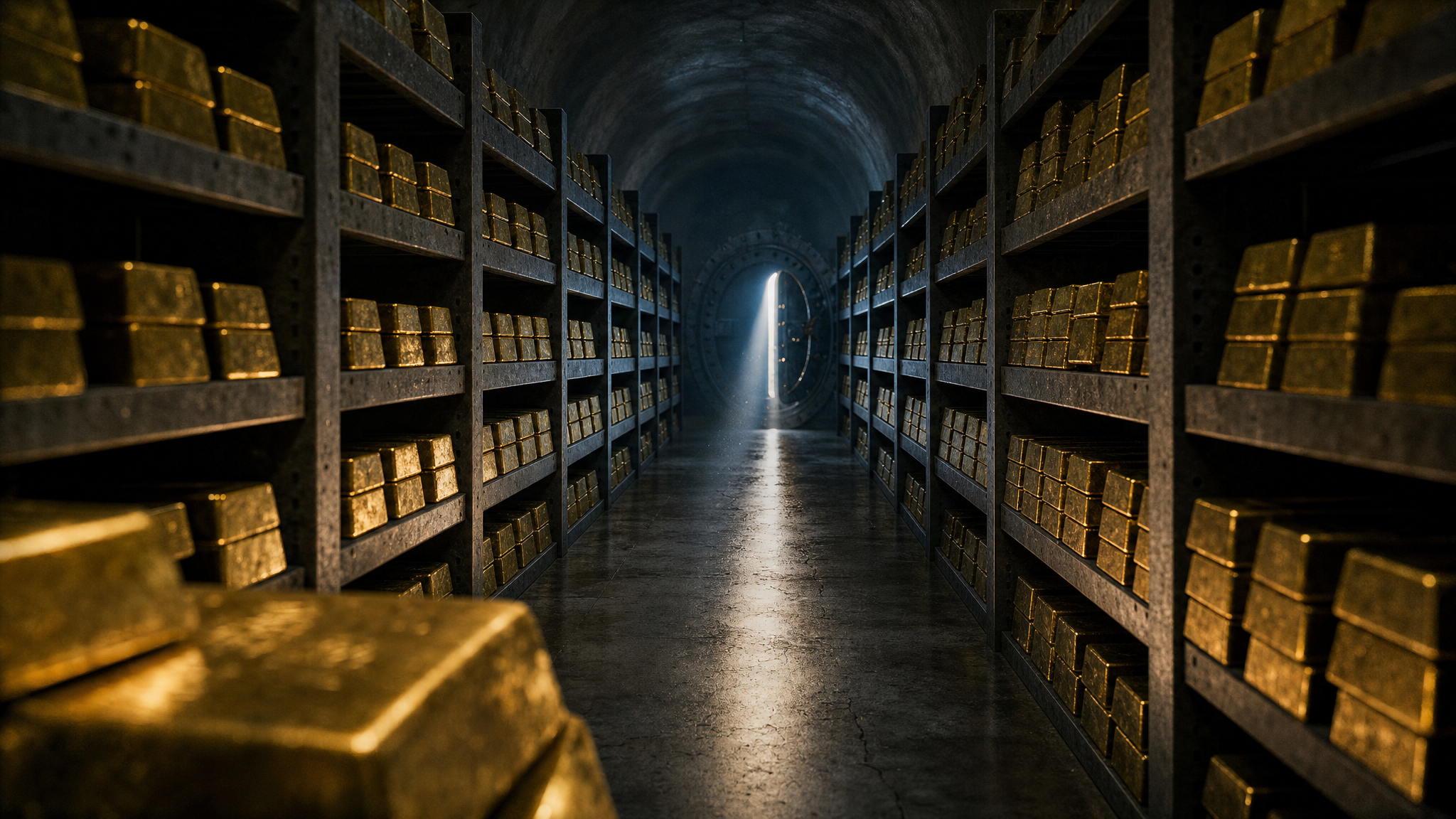 A long underground vault corridor, gold bars stacked into the shadows on both sides, a single shaft of light coming through a half-open door at the far end