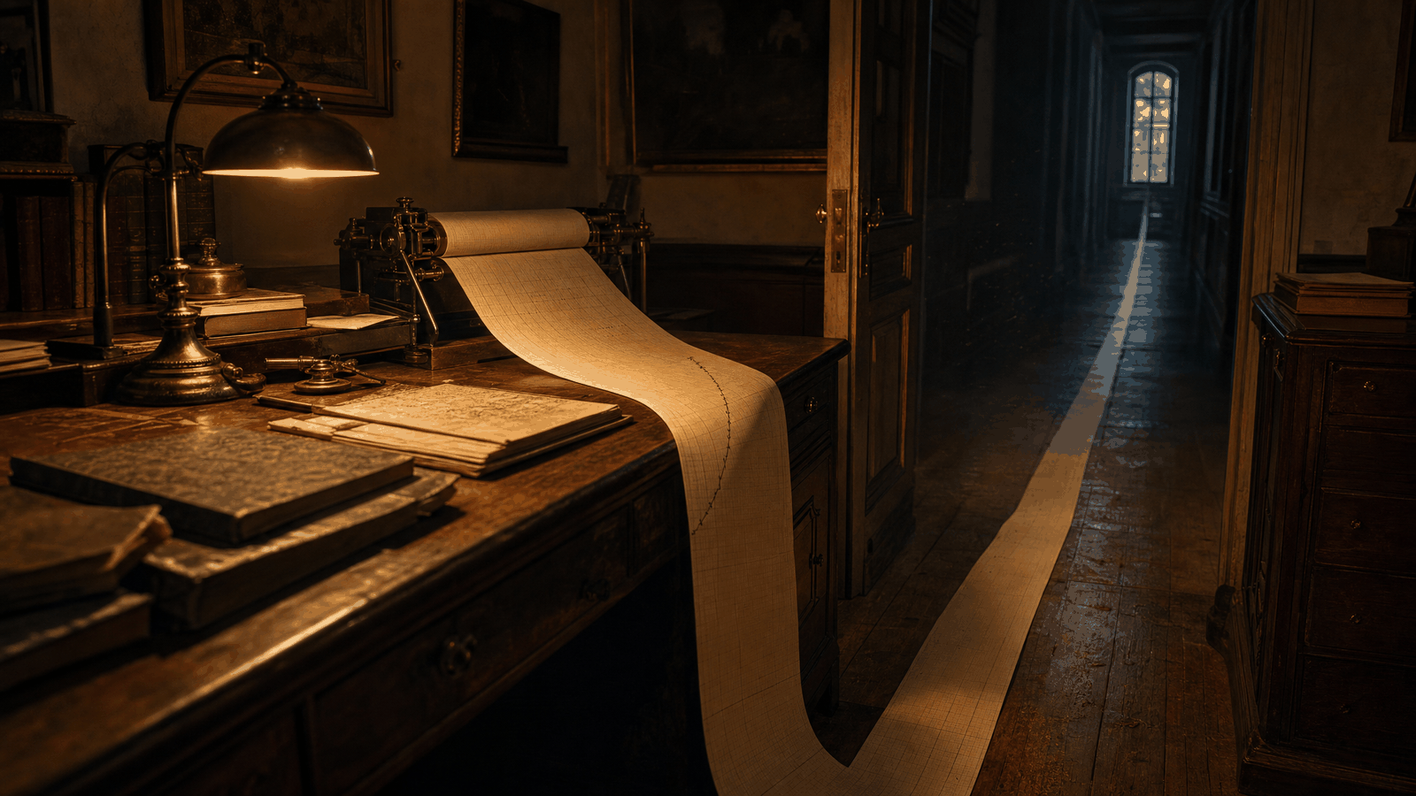 A university office at dusk, a long roll of graph paper unfurling across the desk and down the floor into a receding hallway, the near curve lit by a desk lamp and the far end fading into shadow