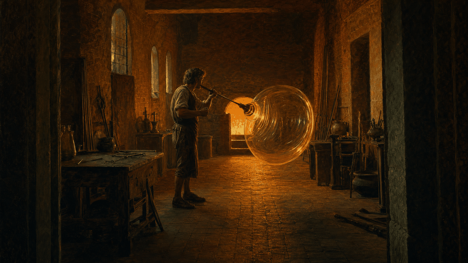 A long glassblowing workshop running deep toward the furnace mouth, the craftsman mid-room, a huge glass bubble at the end of his pipe lit from inside by the fire, light still moving across its thin wall