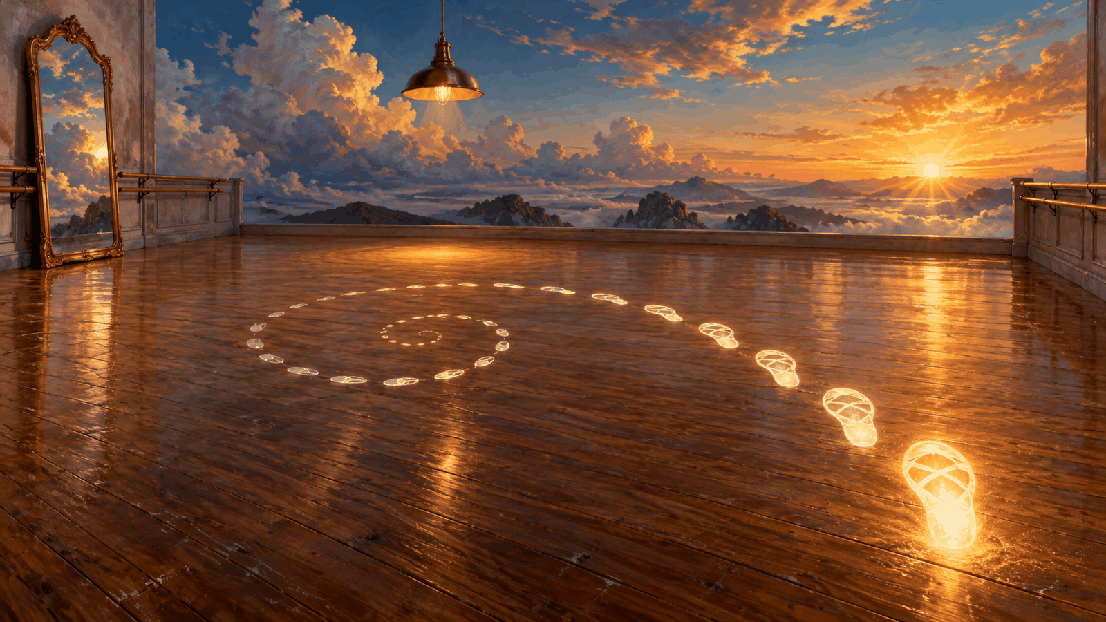 Cover for the short film: a spiral of footprints on a dance-studio floor, each one brighter than the last