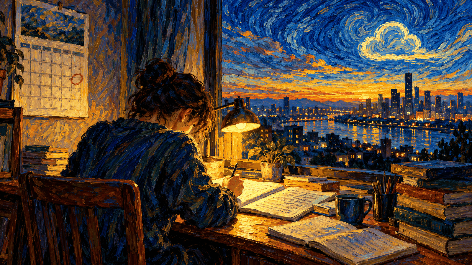 A student studying by lamplight at night, a red circle on the wall calendar, a swirling sky over the city outside