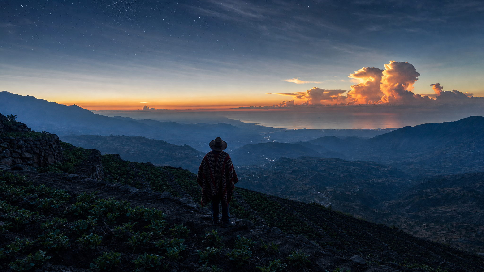 Dusk over Andean terraced potato fields; a farmer stands among turned furrows looking up at a star cluster veiled by high cirrus, the terraces stepping down into deep distance toward a coastal plain where port cranes glimmer faintly