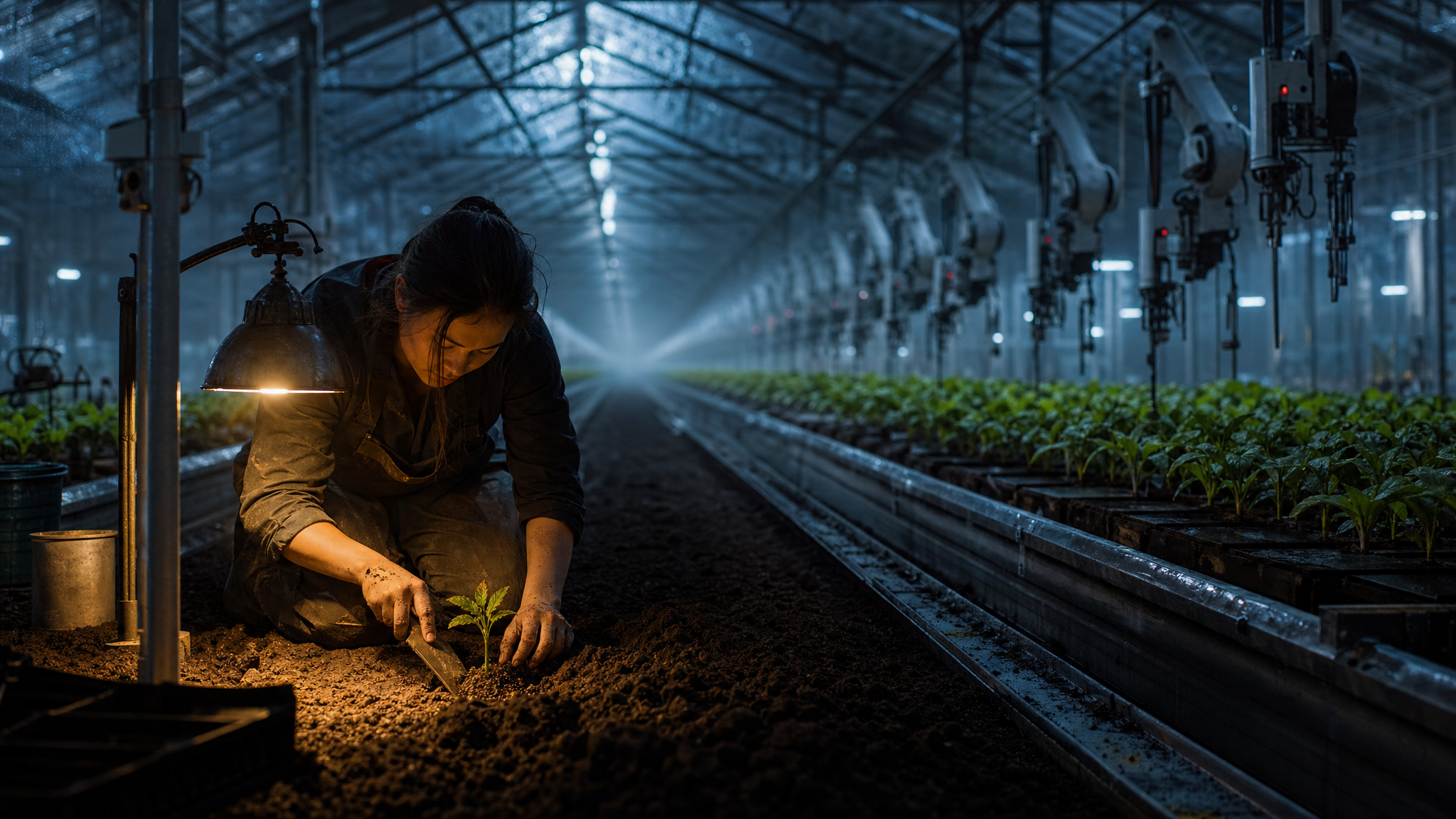 A night-time automated greenhouse where rows of robotic arms have already finished the work, while in the foreground a single person kneels under a warm lamp, planting one seedling by hand with a small trowel