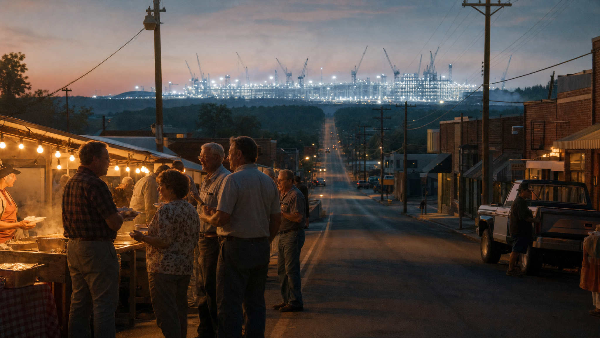A Midwestern small-town main street at dusk, locals chatting at a fish-festival stall, while far down the road on the horizon a vast construction site glows white under floodlights