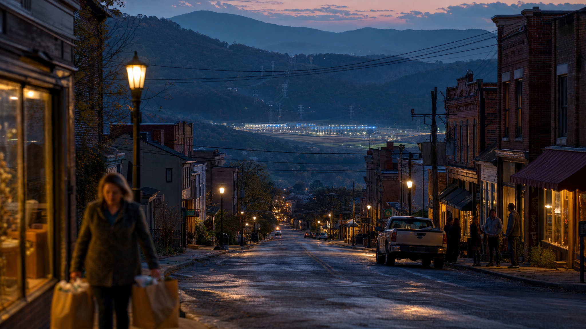 A small-town American main street at dusk, with the lights of a data center switching on in the valley beyond, and shoppers with grocery bags in the near foreground