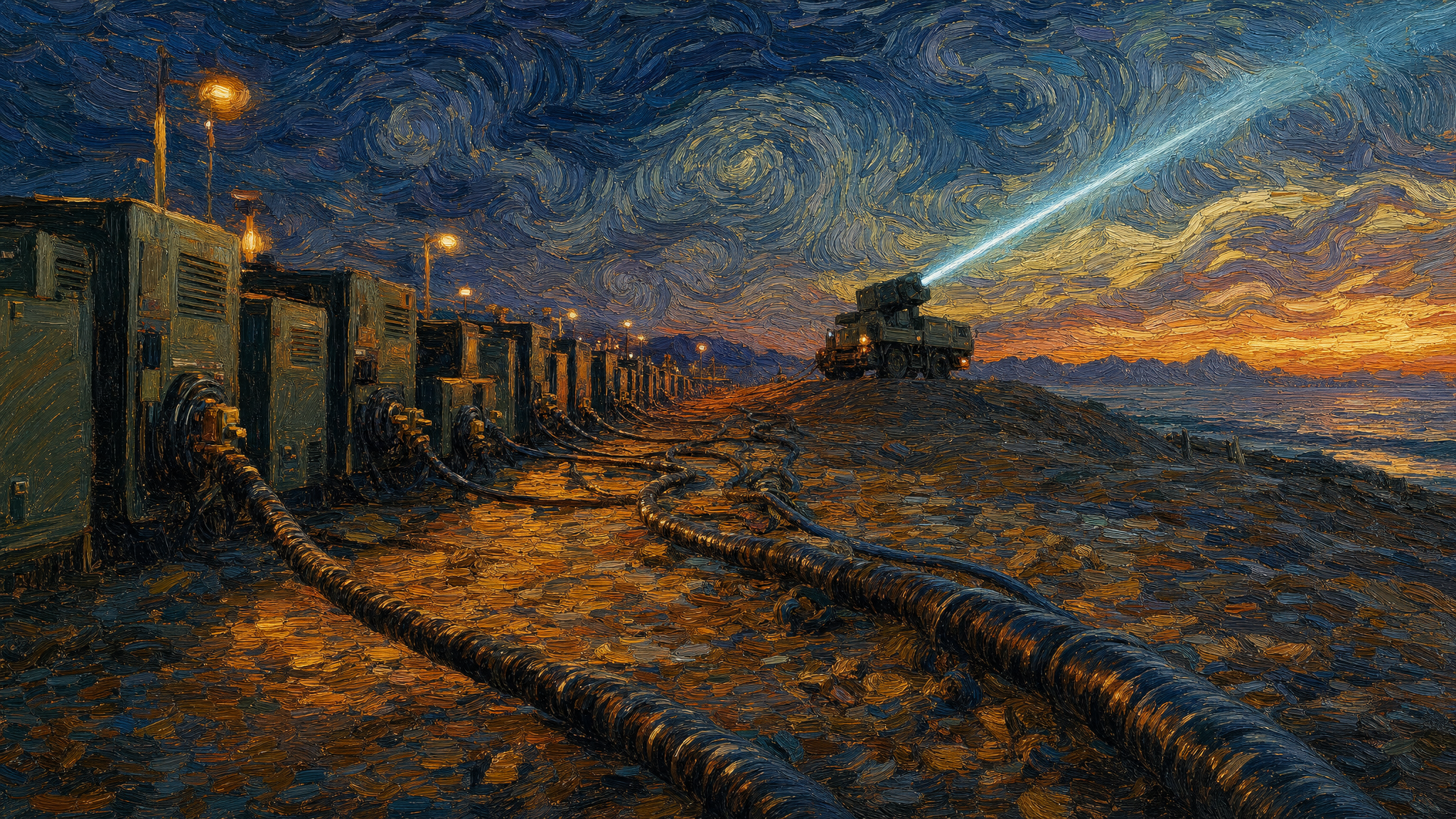 A coastal military base at dusk, a truck-mounted laser turret firing a thin beam into hazy sky, thick power cables running from the turret to a row of generators in the foreground