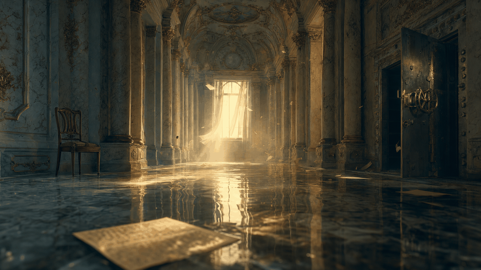 An empty marble treasury hall, a tall window blown open at the far end cutting light across a flooded floor