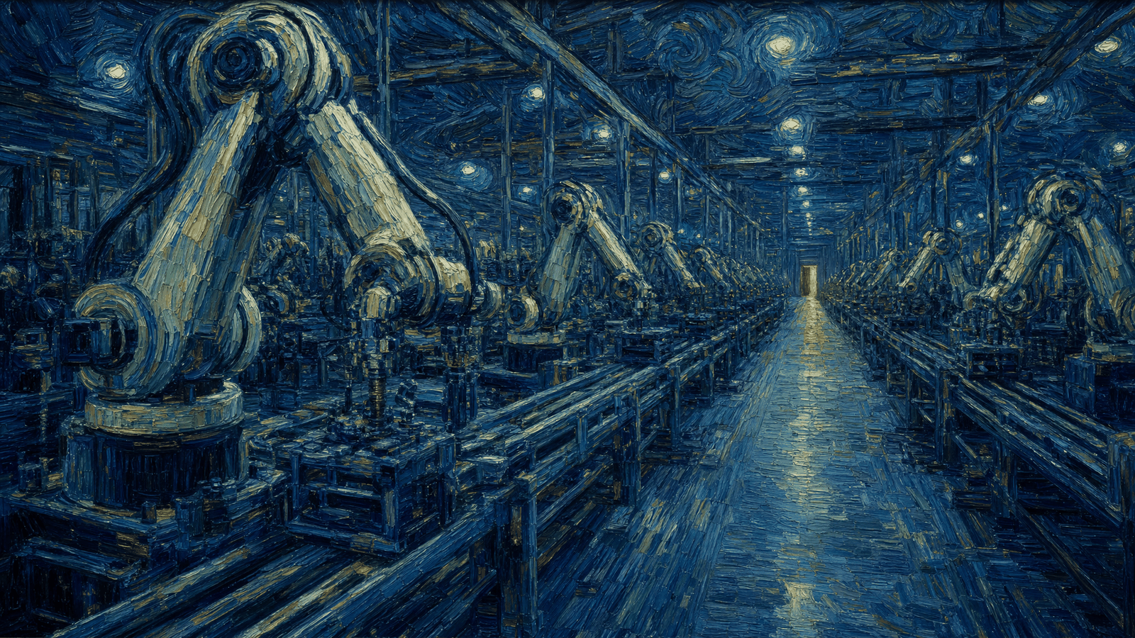 夜裡的自動化工廠，機械手臂在組裝下一批機械手臂，廠道向畫面深處延伸，盡頭一扇人身高的維修門半開著透出暖光