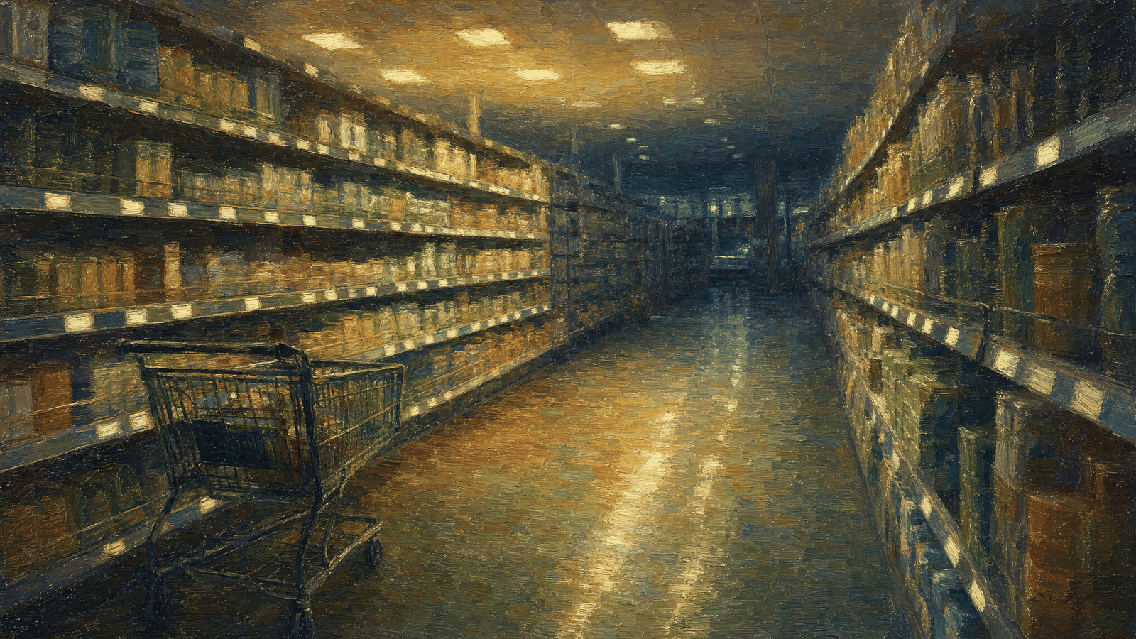 A supermarket aisle receding into depth, a cart parked by the shelving in the foreground, the shelf-edge displays blank glowing panels, the light dimming toward the far end of the aisle