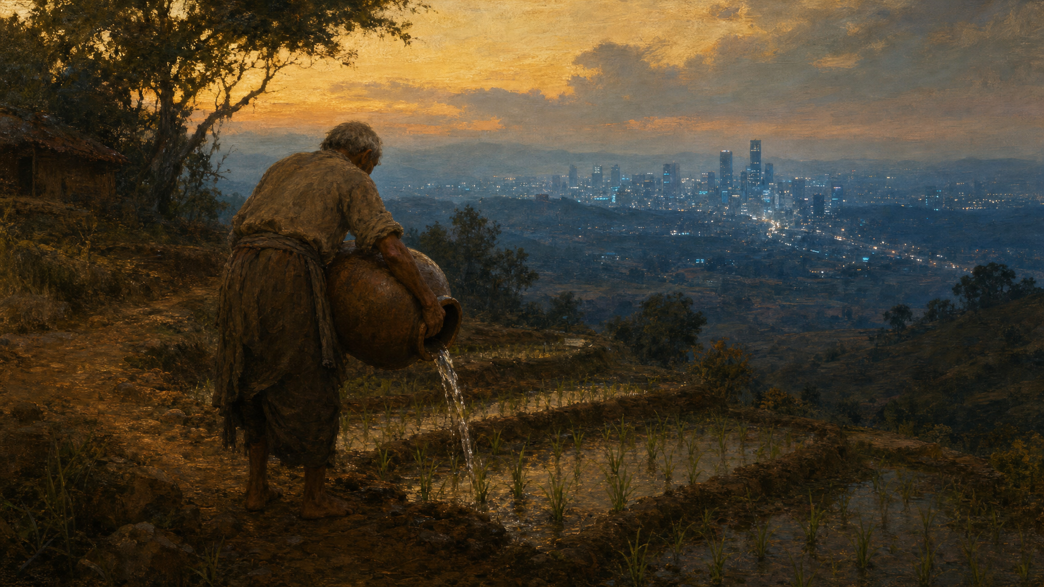 Realistic oil painting cover: at dusk, an old farmer in a head wrap stands barefoot in a flooded terrace, tipping a clay jar to water the young rice shoots, his back turned to a modern city glittering across the valley