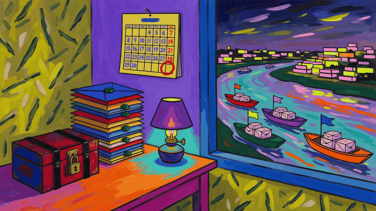 Fauvist oil painting cover: a small study in loud color blocks, a locked chest and a stack of sealed letters on the desk, the last day of the month circled in red on a wall calendar, and outside the window boats flying different-colored flags carry sealed parcels down a bright river toward a distant city