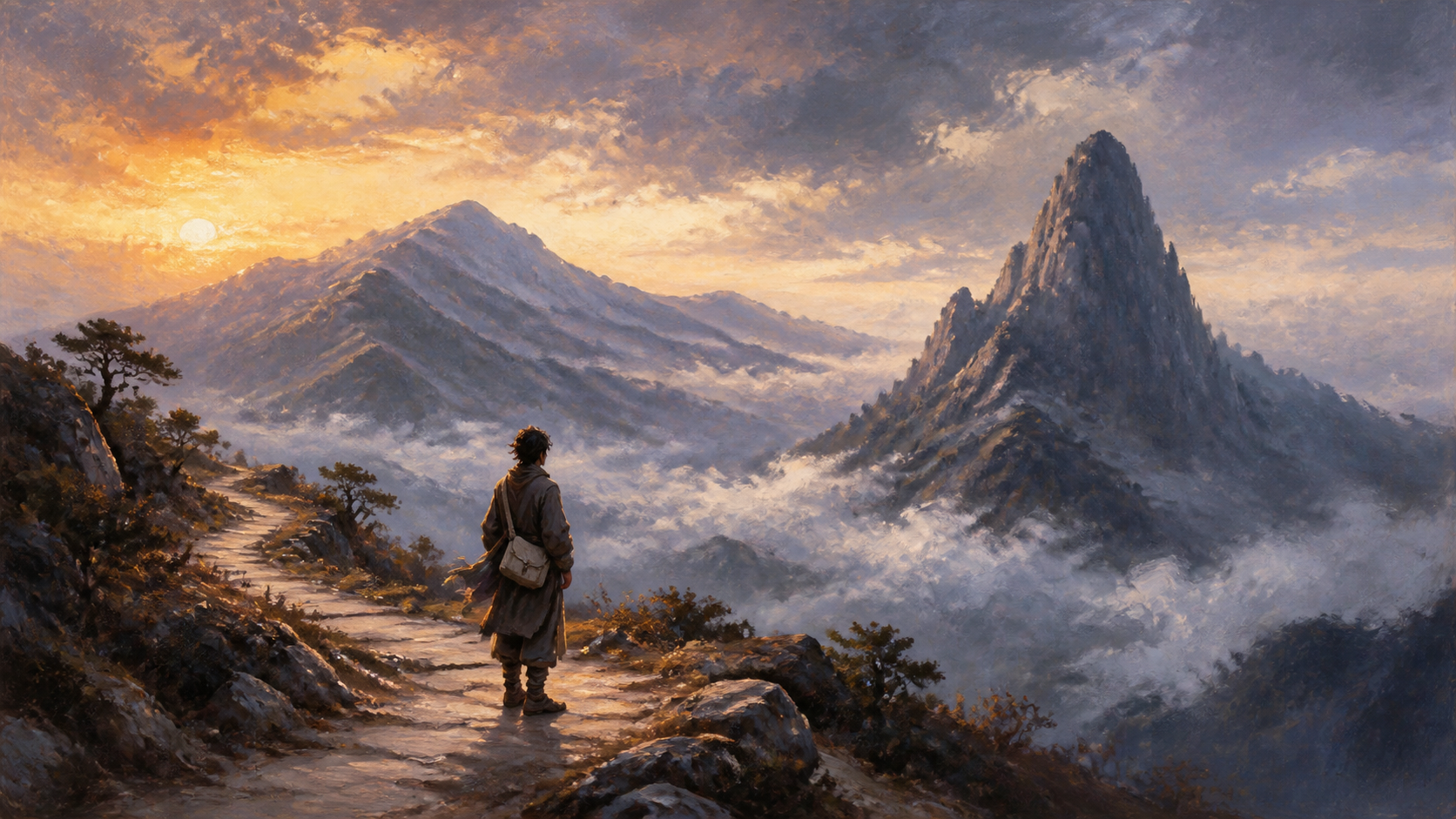 Oil painting cover: a scholar-traveler pauses on a mountain path at dawn, looking back at the same mountain showing two silhouettes through drifting mist — a long ridge on one side, a steep peak on the other