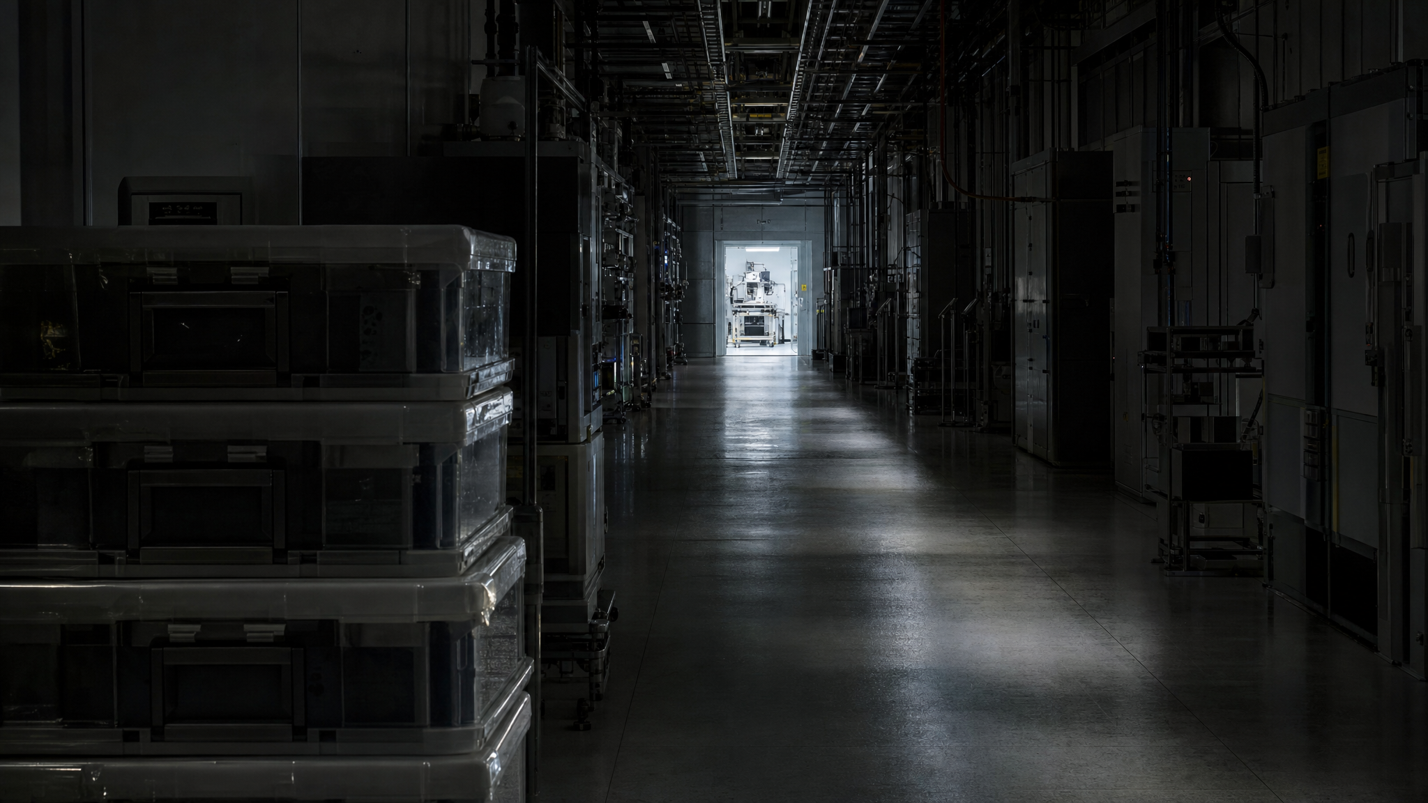 A compound-semiconductor fab corridor at night, a stack of batch-labelled wafer carriers in the dark foreground, the walkway receding to a single point of cold white light