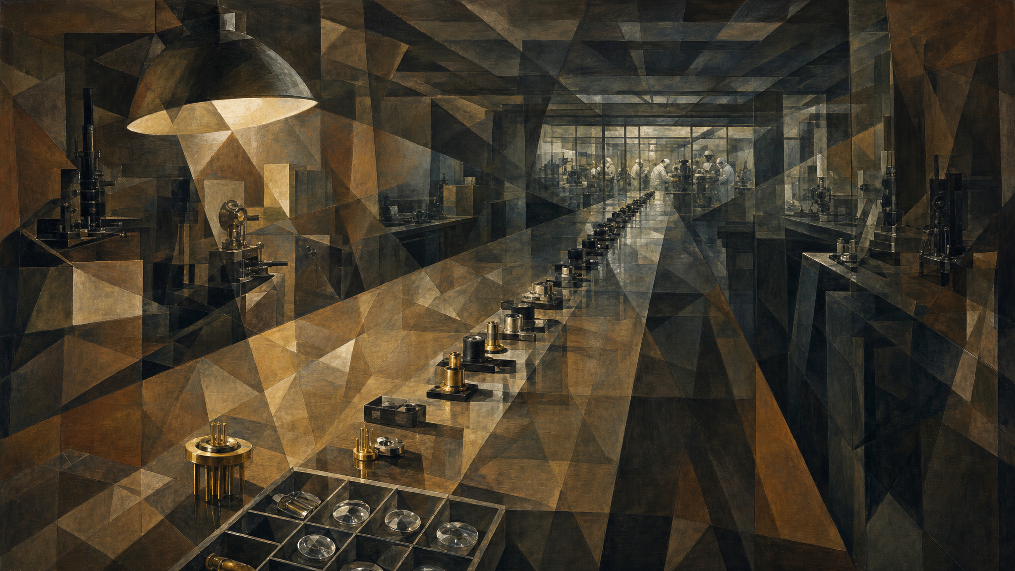 A long workbench receding into deep perspective, small optical components laid out in a single row under one hanging lamp, a working plant visible at the far end of the corridor
