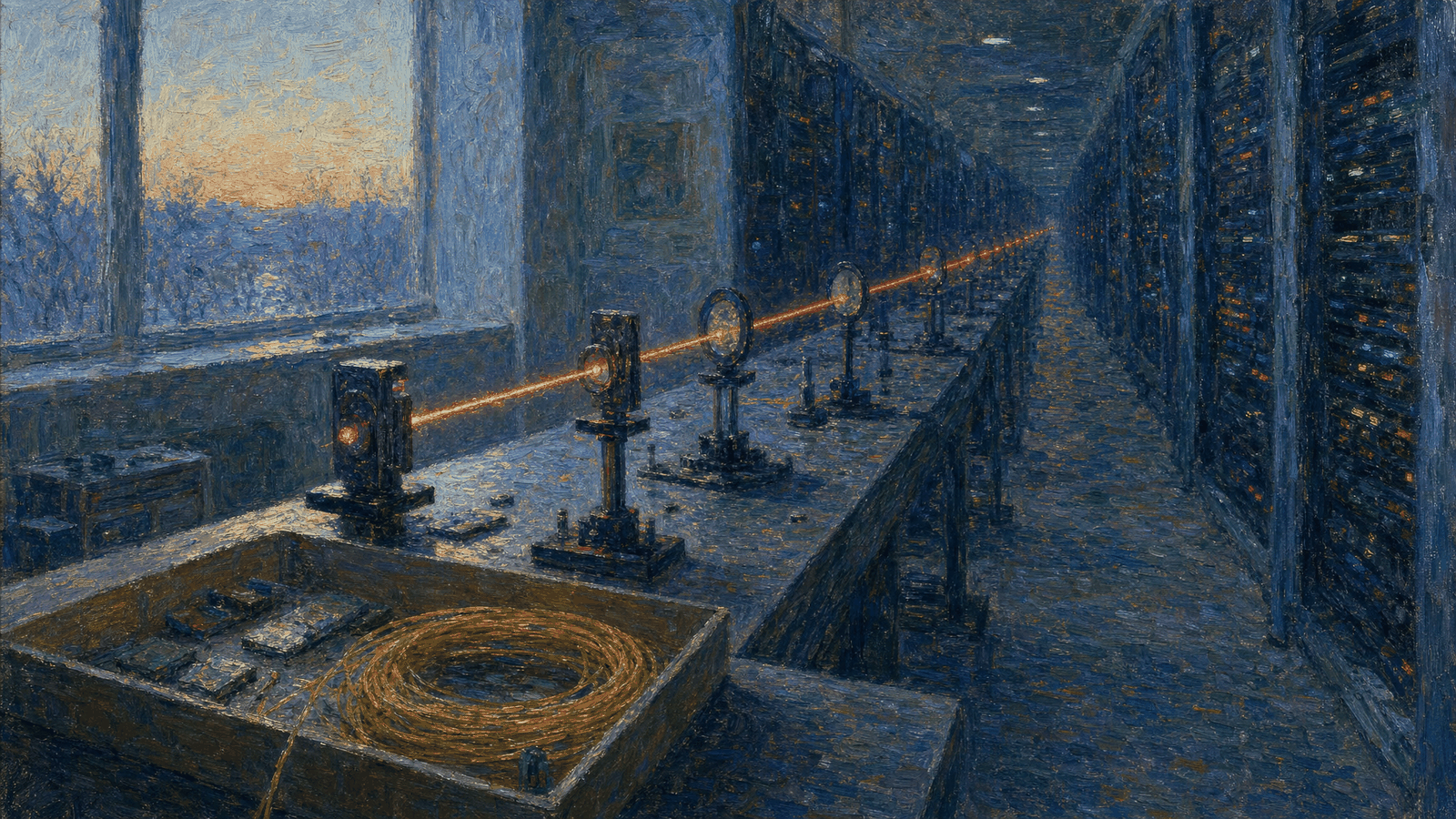 A long optics lab bench at dawn, a thin laser beam passing through a row of lenses toward a distant corridor between server racks, a few old memory chips on a tray in the foreground