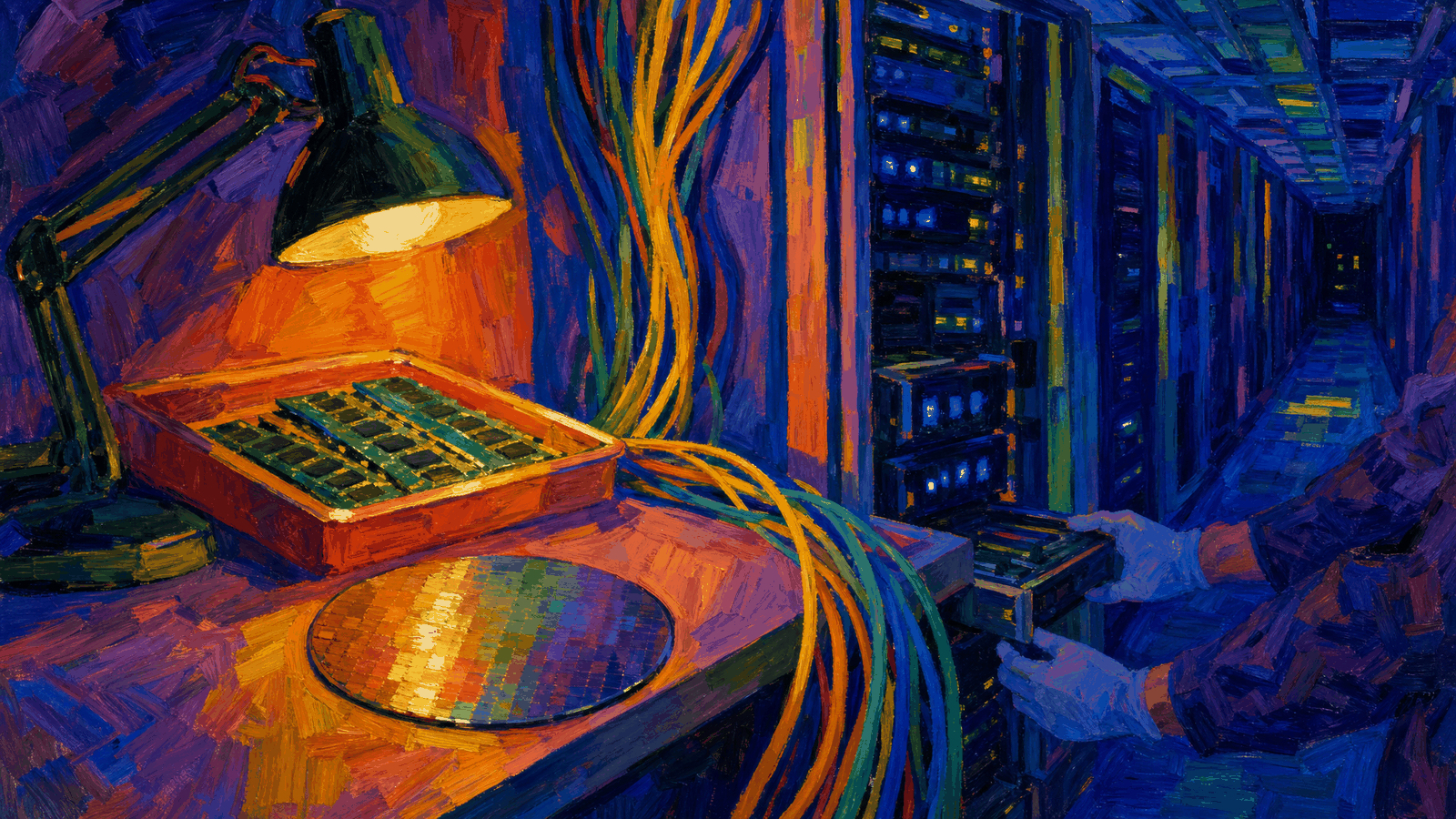 A data center corridor seen in deep perspective, fiber bundles hanging from the ceiling, a tray of memory modules and a single wafer lit on a workbench in the foreground, racks receding into darkness