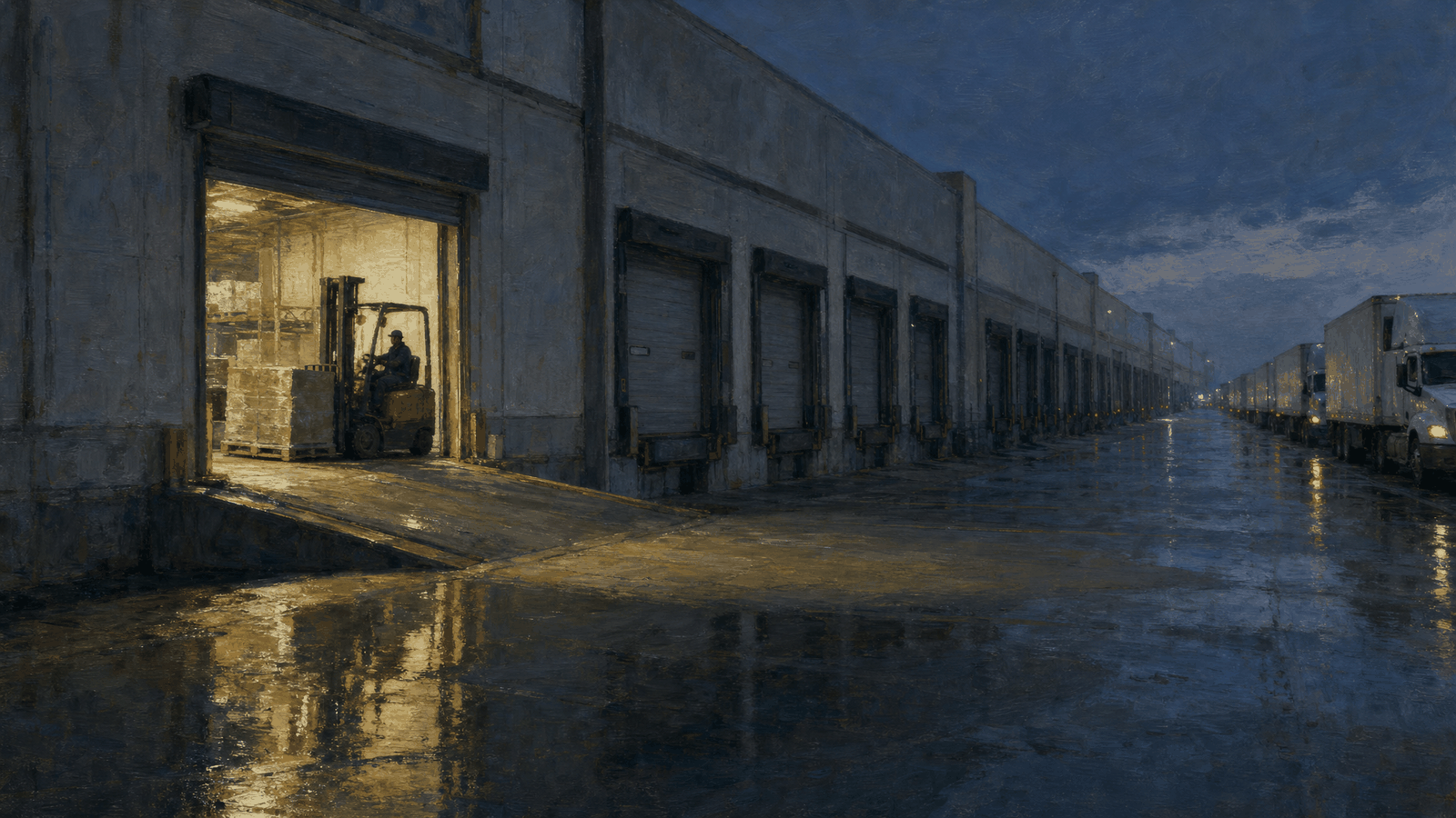 A long loading dock at dusk receding into depth, the nearest bay lit and being loaded while a line of idling trucks waits behind it, stretching out past where the eye can follow