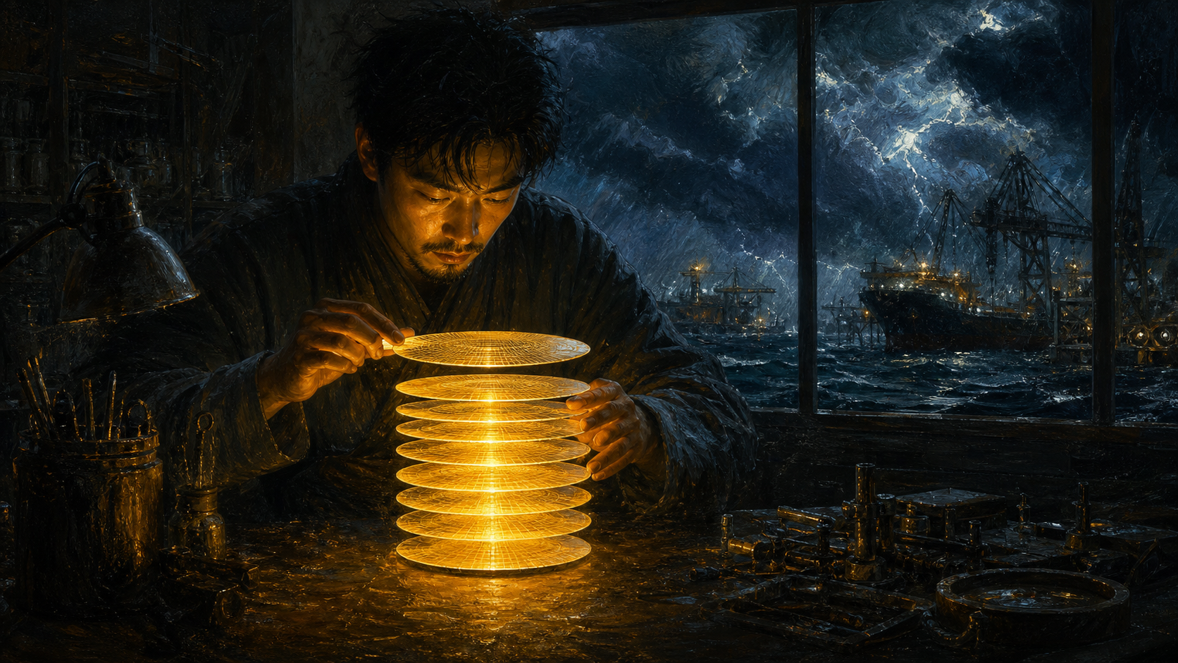 油畫封面:暴風雨夜的船塢窗前,一名工匠在燈下小心堆疊發光的晶圓塔