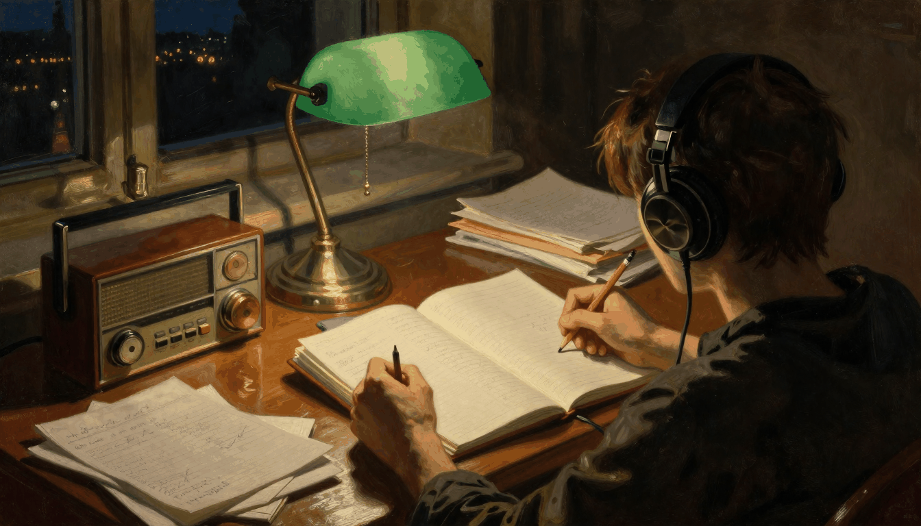 A study late at night: seen from behind, a person wearing headphones sits beside an old radio and a green desk lamp, writing in an open notebook with a pencil, city lights far off through the window