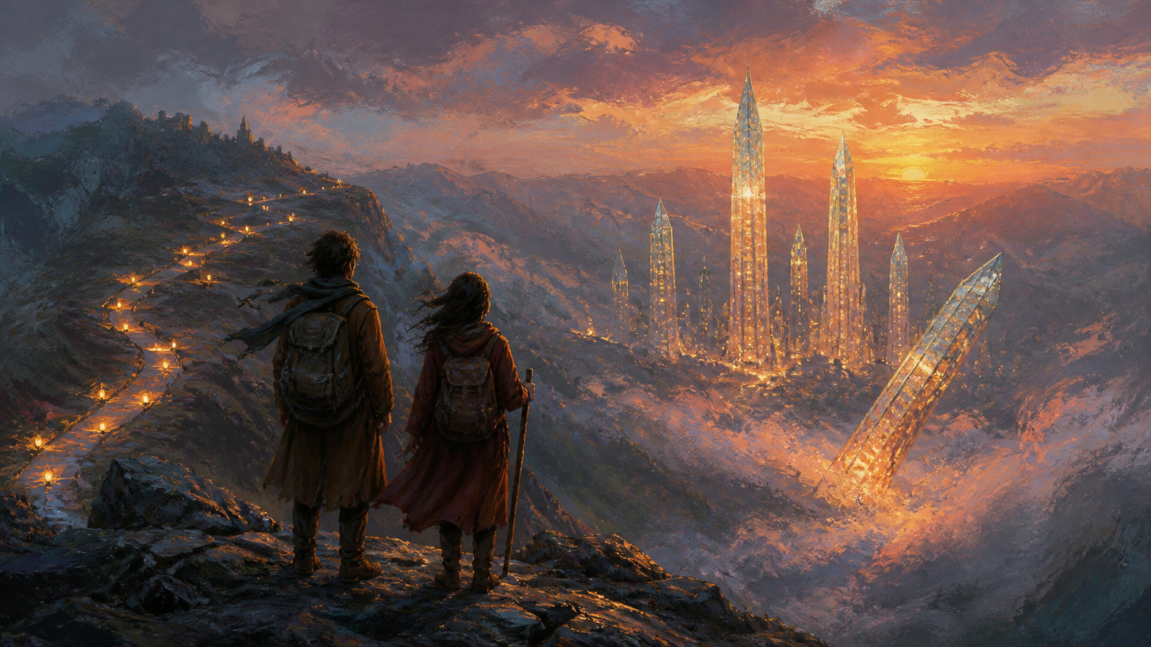 Oil painting cover: two travelers on a ridge looking back at a lamp-lit trail, while in the valley ahead one tower in a cluster of crystal spires tilts and sinks