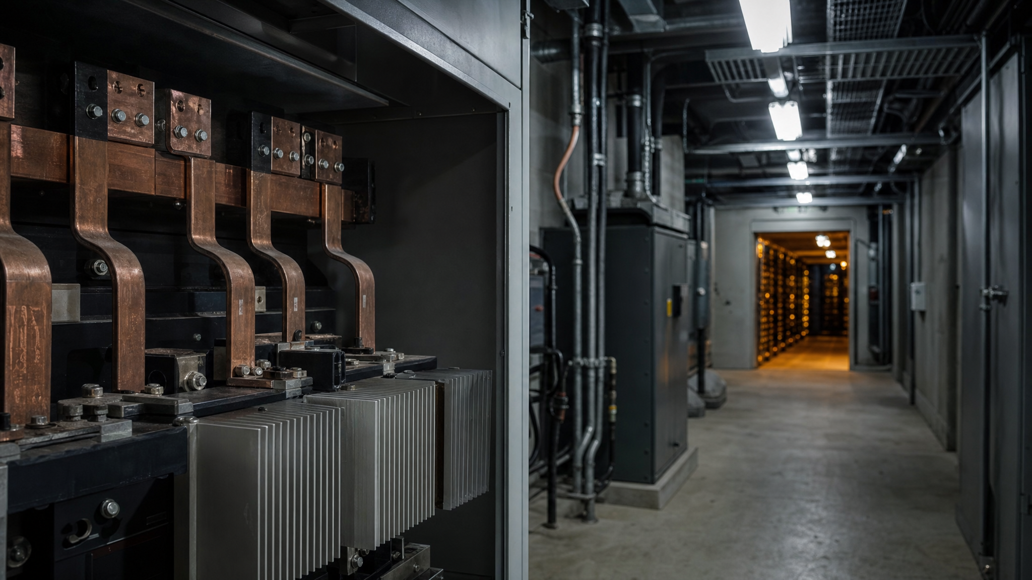 A long underground power distribution corridor beneath a data center, heavy copper busbars and heat sinks in the foreground, warm light from server rows far down the hall