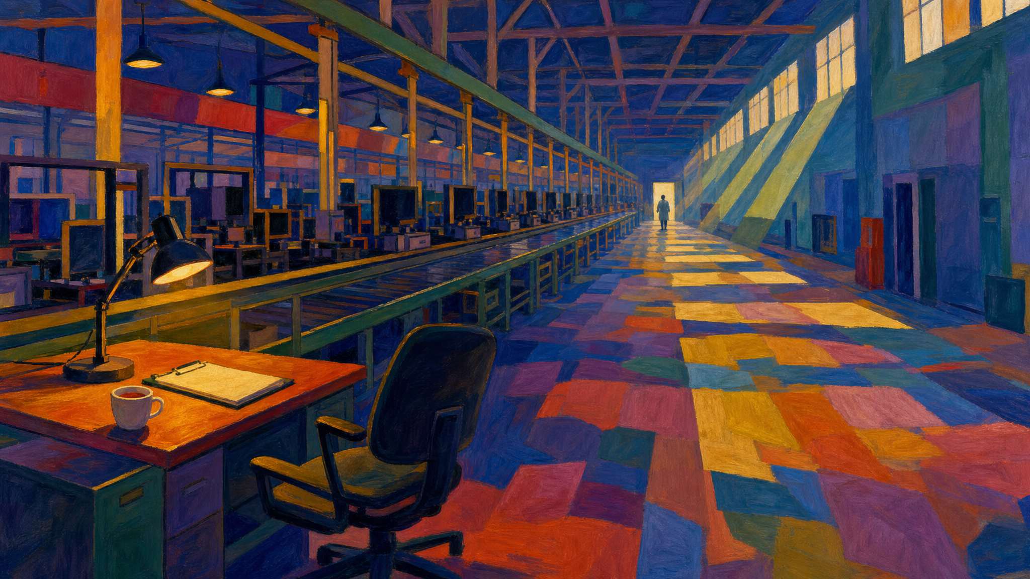 An empty assembly hall corridor at night, light strips running all the way to the far end, one office chair pushed away from a desk, a small figure walking toward the other end