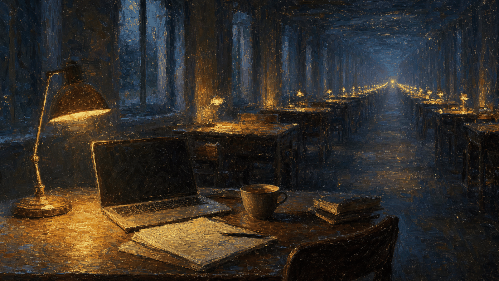 A home study late at night, one lamp and a laptop on the desk, and behind it a corridor receding into the distance lined with identical empty desks, each with its own small lamp lit