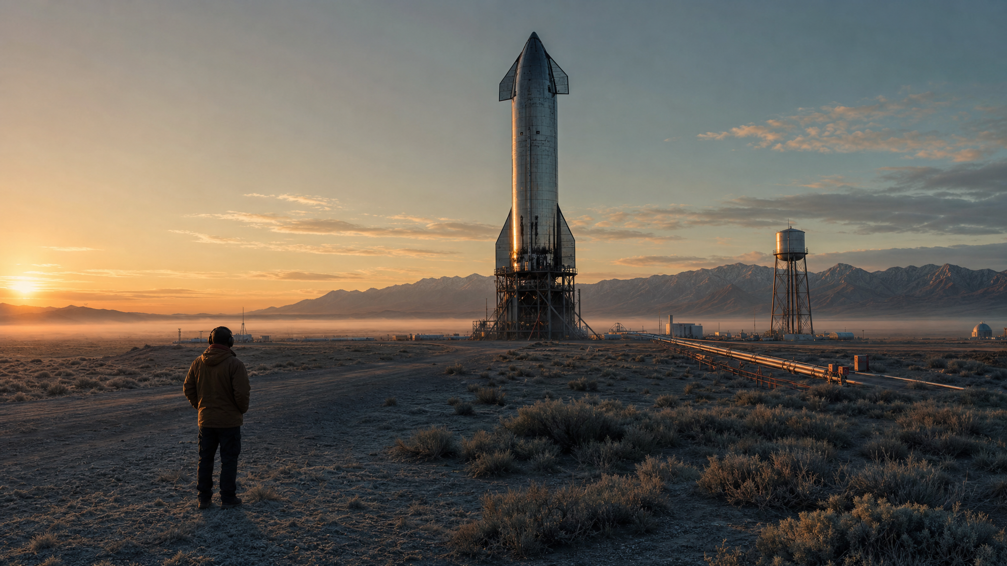 A rocket of bare stainless steel standing on a dawn test stand, mist across the grass, one engineer seen from behind watching it