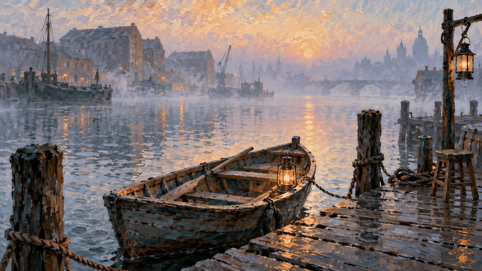 A riverside dock in morning mist, where a small rental boat with its lamp lit waits quietly for the next customer