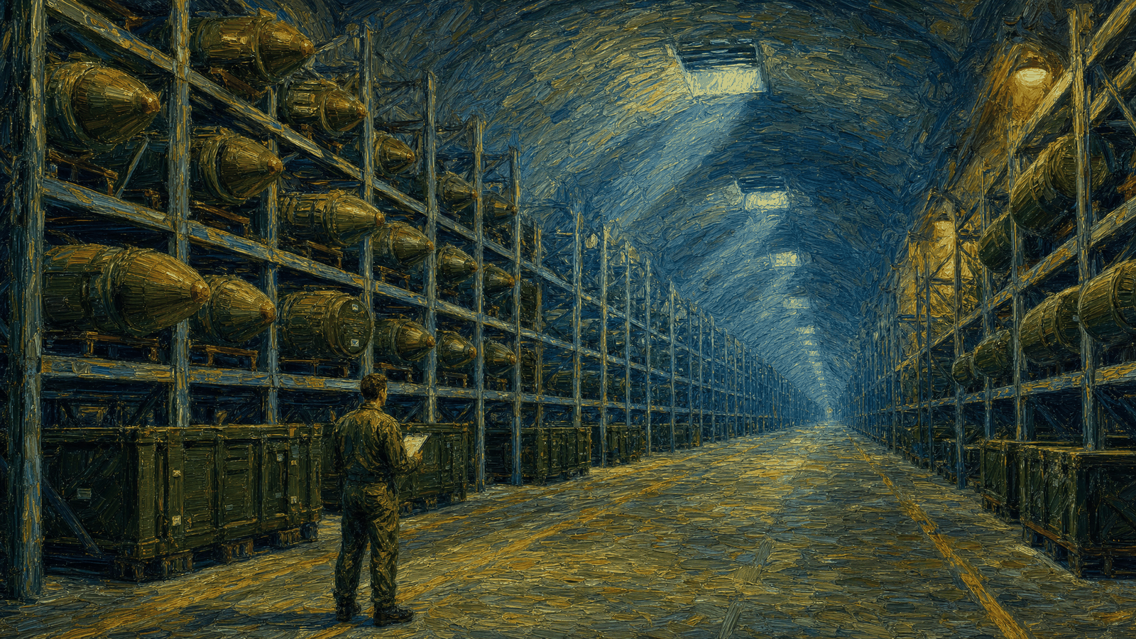 A dawn-lit underground munitions bunker, a central aisle receding into darkness, near racks stacked with olive-green missile canisters while racks deeper in stand empty, a single technician with a clipboard at the near end under shafts of cold light
