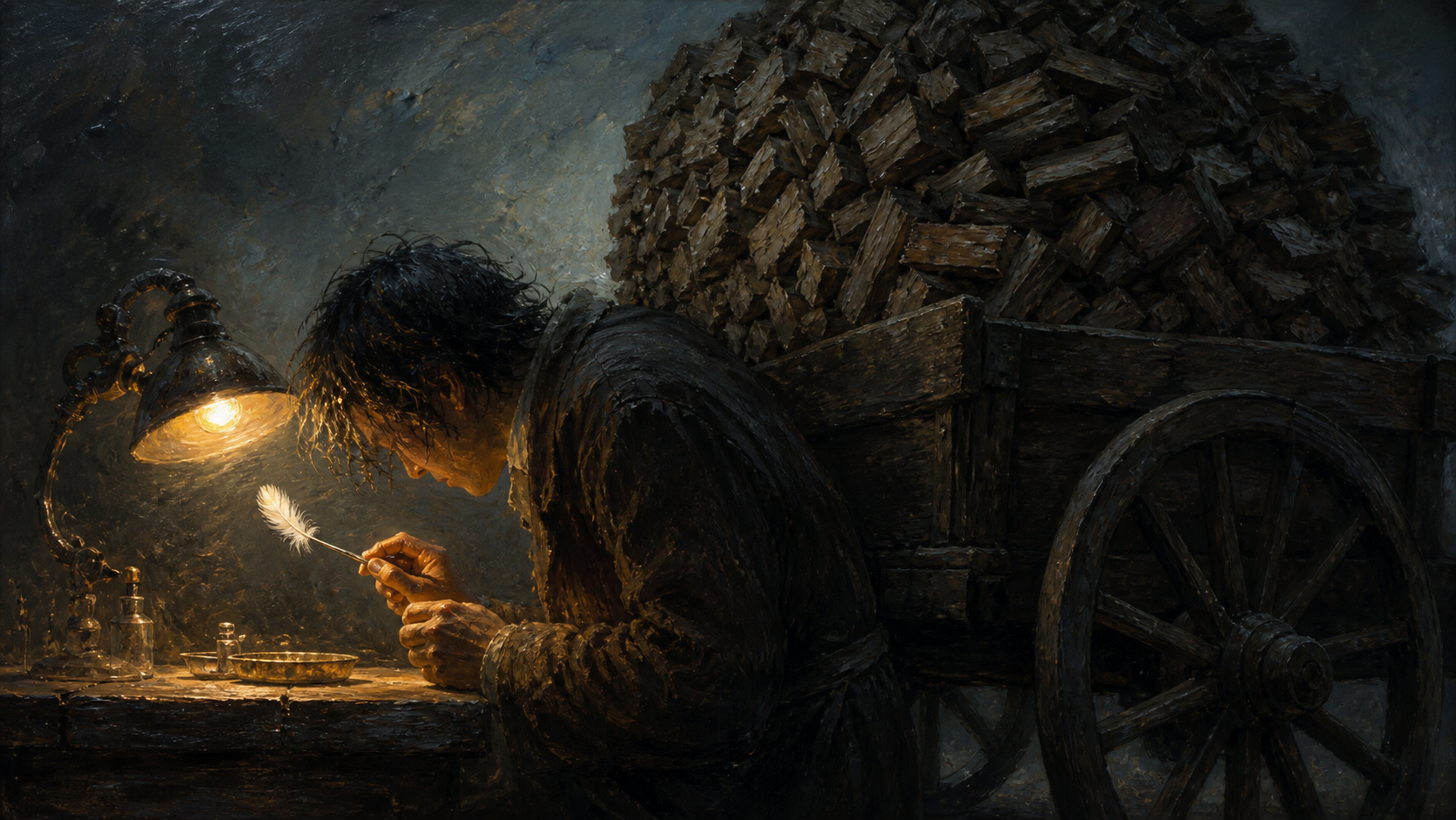 A figure bent under a lamp studying a single feather, while an enormous cart of firewood looms unnoticed in the shadow just behind their back