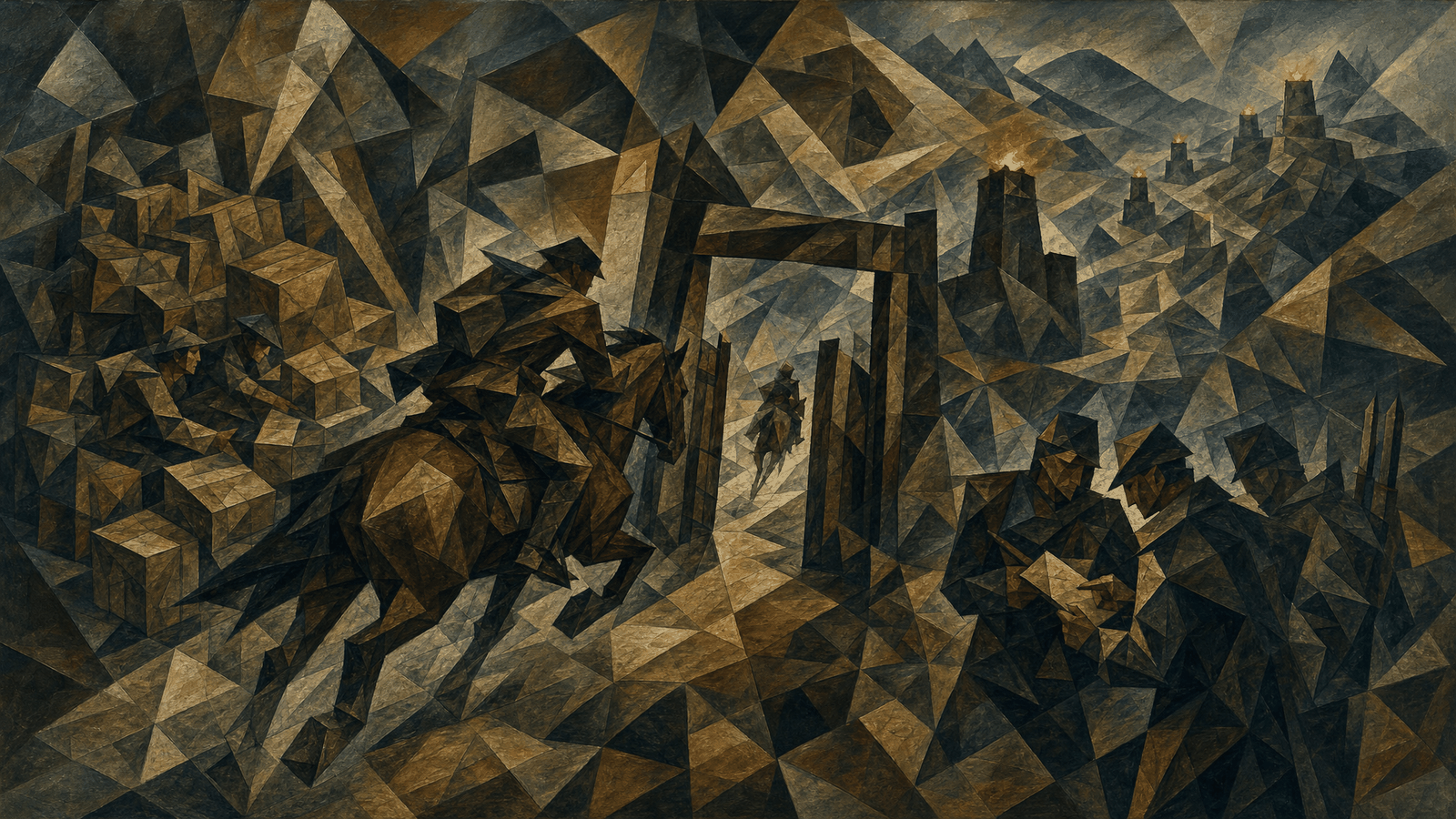 A mountain courier road at dusk: a fast horse races through a string of checkpoints, each piled with different cargo and guards, while beacon towers light up one after another in the distance