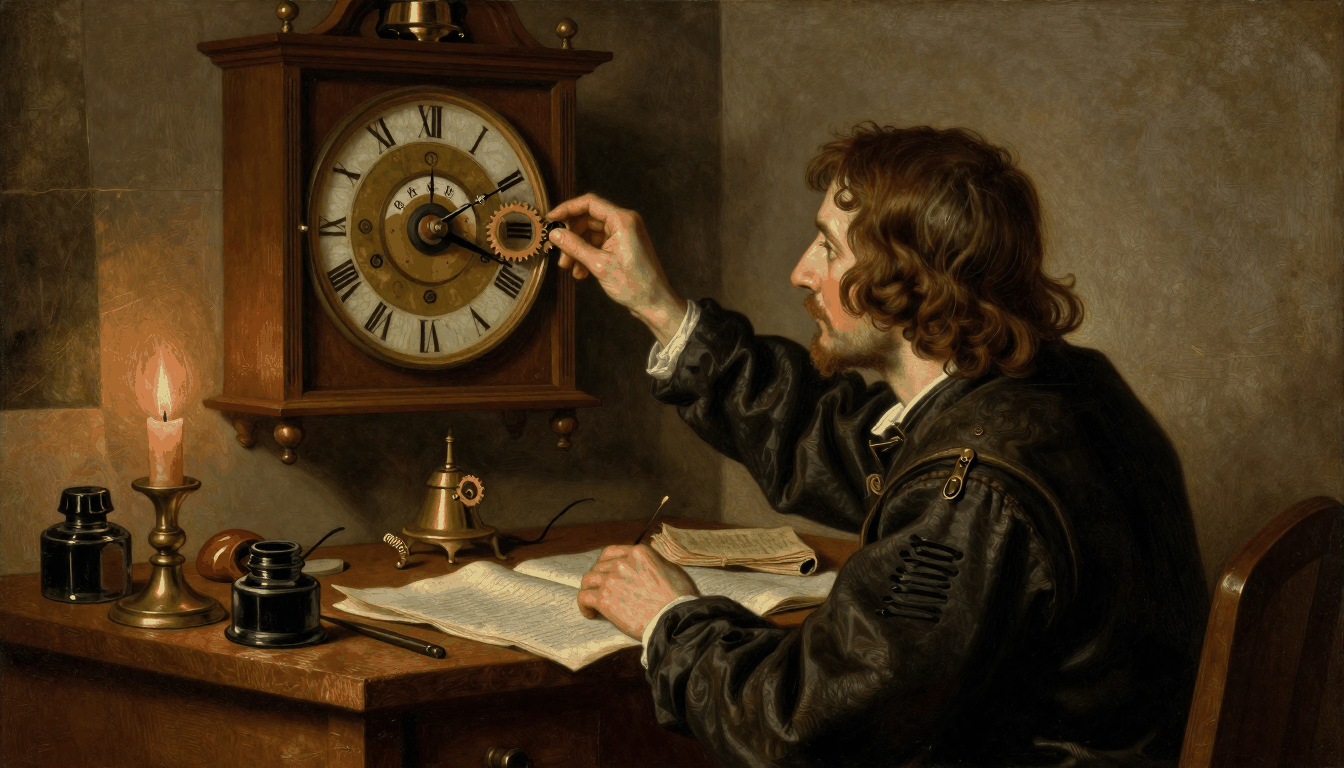 A candlelit study: a man keeps one hand on his open manuscript and reaches up with the other to push a small loose gear back into the wall clock, so the clock keeps running and his work never has to stop