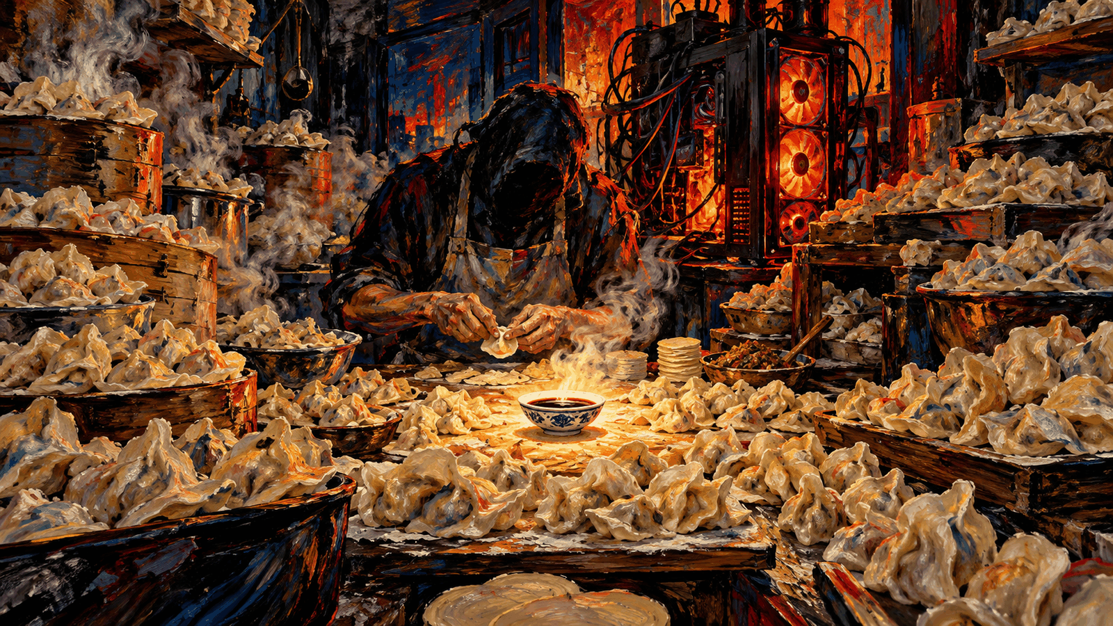 表現主義油畫風格封面：深夜的廚房，木桌上擺滿一盤盤餃子，正中央只有一小碟醋，背後一台電腦像火爐一樣發著紅光